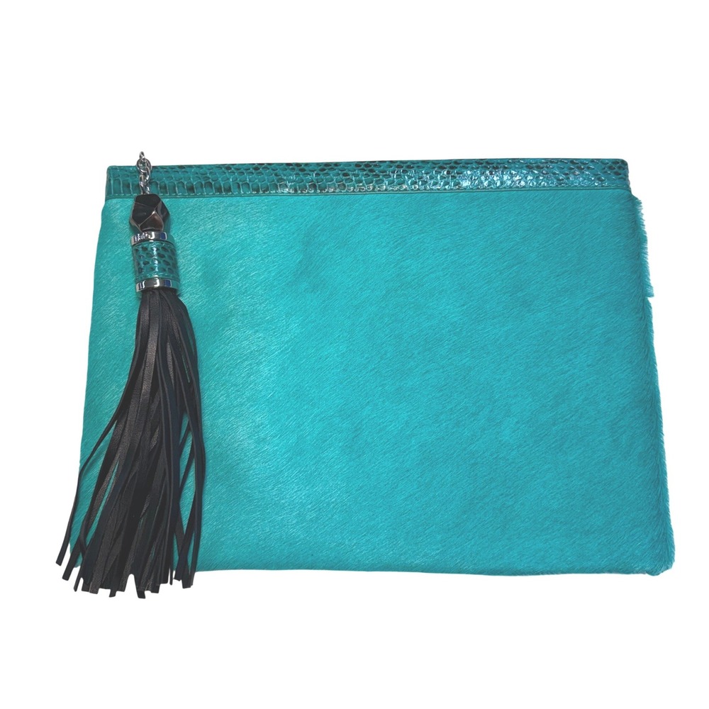 NWOT Rafe New York Turquoise Dyed Cow Fur Clutch Snakeskin Trim Tassel Zipper